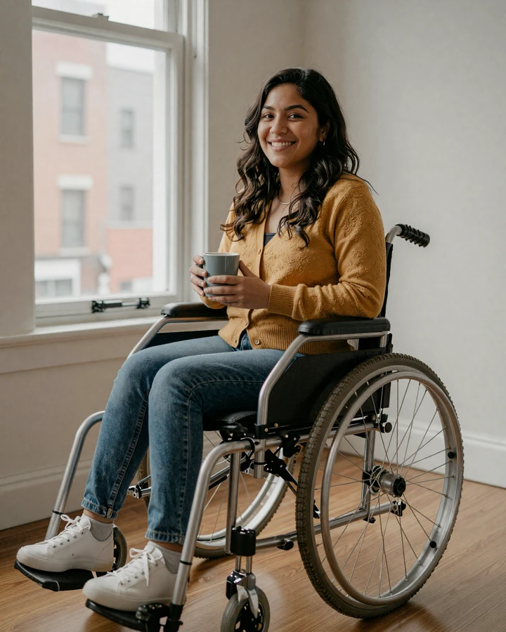 Maya, a wheelchair user and member of our wheelchair dating site, sitting by a sunny window with coffee, smiling calmly.