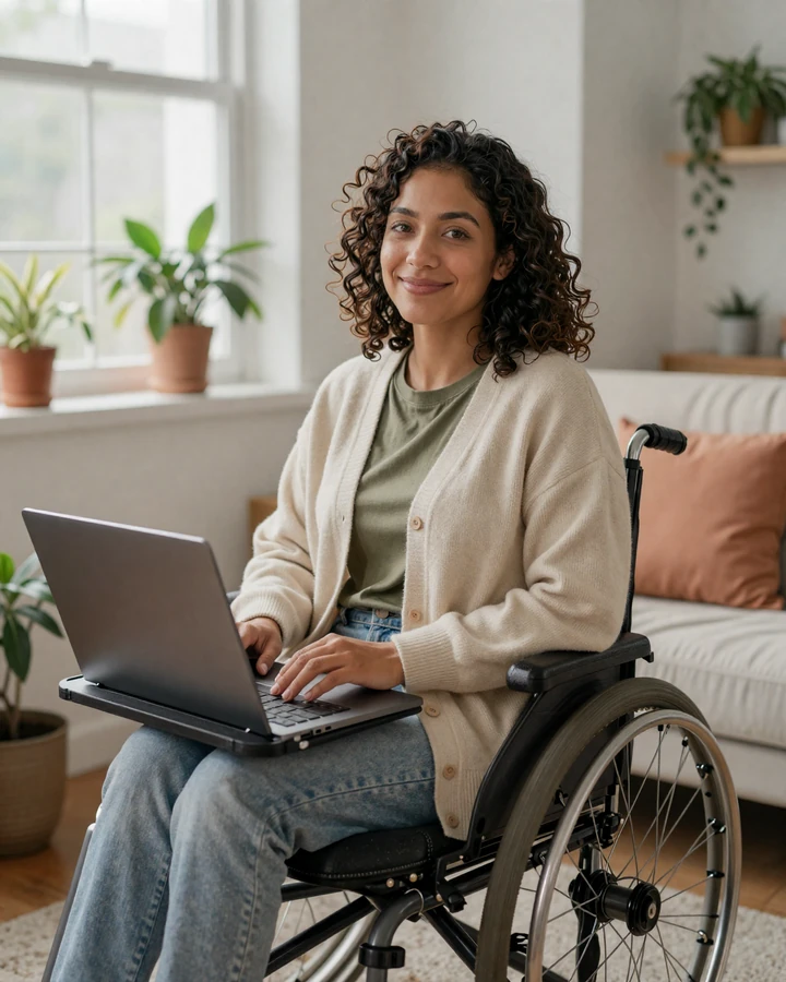 Lena, a member of our cerebral palsy dating community, smiling at her laptop in a sunlit apartment, seated in her power wheelchair.