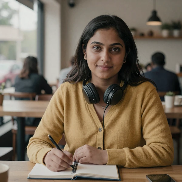 Priya, a South Asian autistic woman, sitting at a quiet cafe table with a notebook and noise-cancelling headphones.
