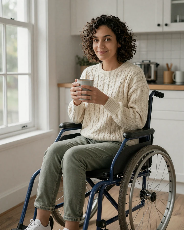 Member of our disabled dating site sitting in a wheelchair by a sunlit window, smiling calmly with a cup of coffee.