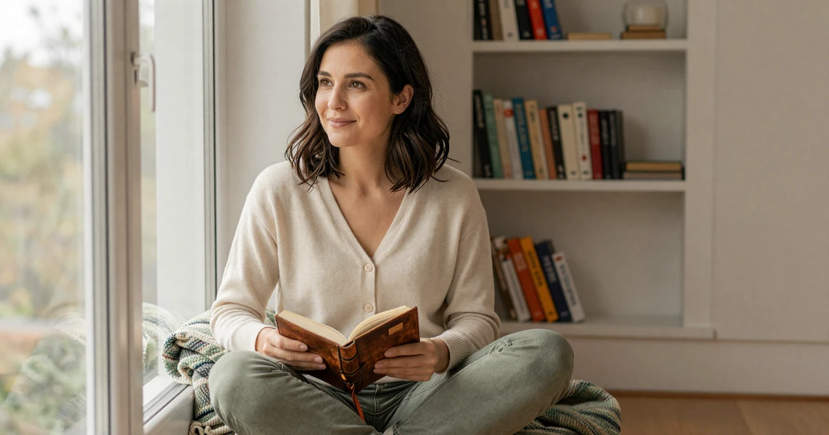 Elena, a PTSD dating community member, sitting peacefully by a sunlit window with a journal, calm and grounded.
