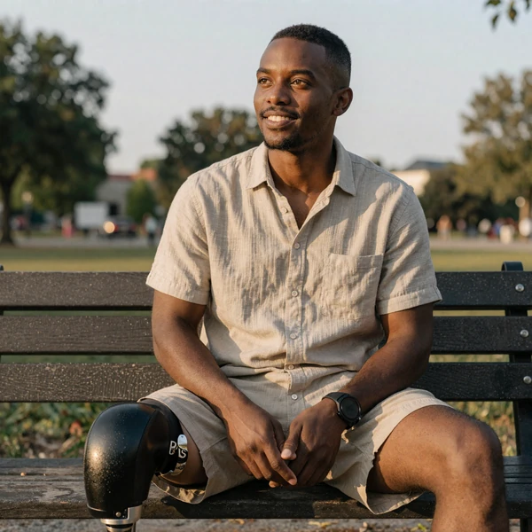 Daniel, a Black amputee member of our disabled dating site, sitting calmly on a park bench at golden hour.