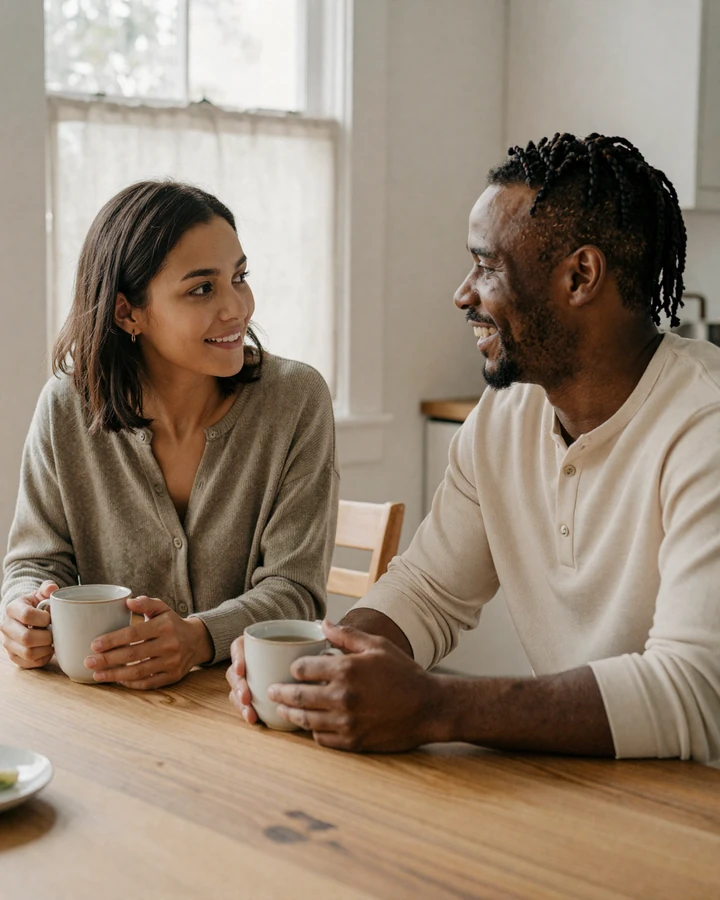 Elena and Marcus, members of our bipolar dating community, sharing tea at a kitchen table in soft morning light.