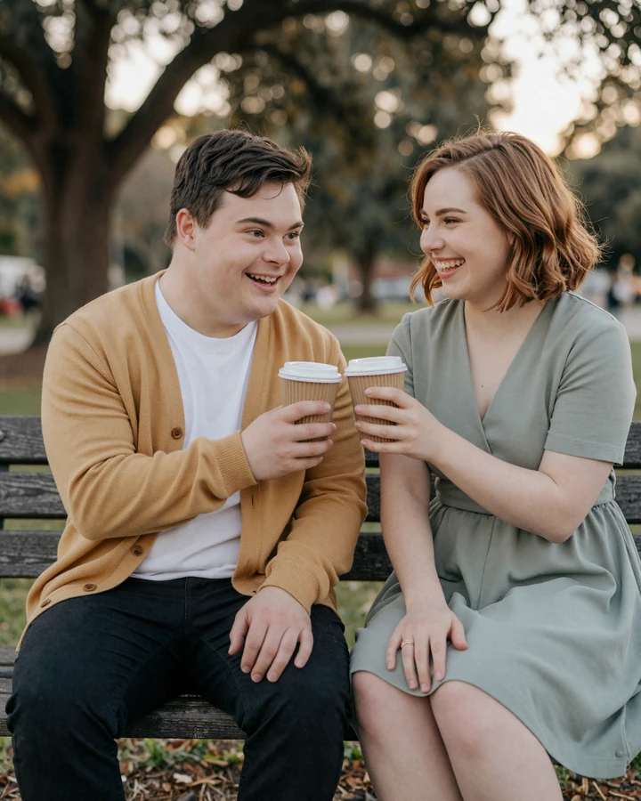 Sam and Ellie, two members with Down syndrome, sitting on a park bench laughing together on a sunny afternoon.