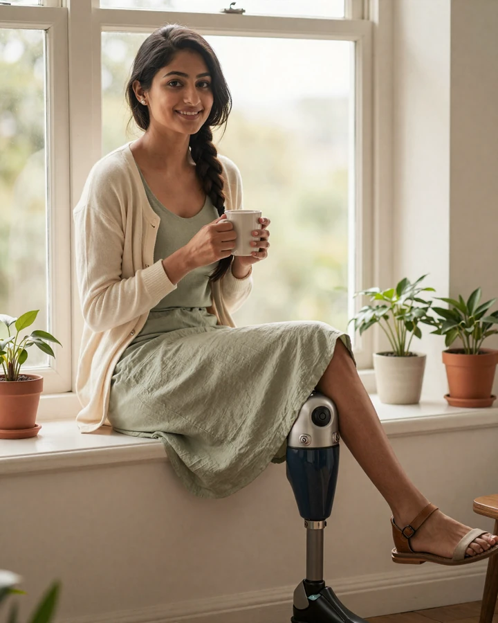 Priya, an above-knee amputee and member of our amputee dating site, sitting on a sunlit windowsill with a mug, smiling calmly.