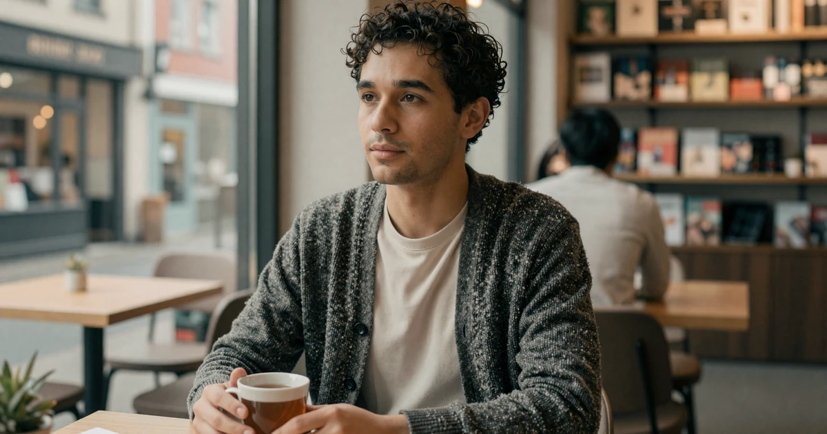 Marcus, an autistic member of our autism dating app, sitting quietly at a bookshop cafe window with a mug of tea, calm and at ease.