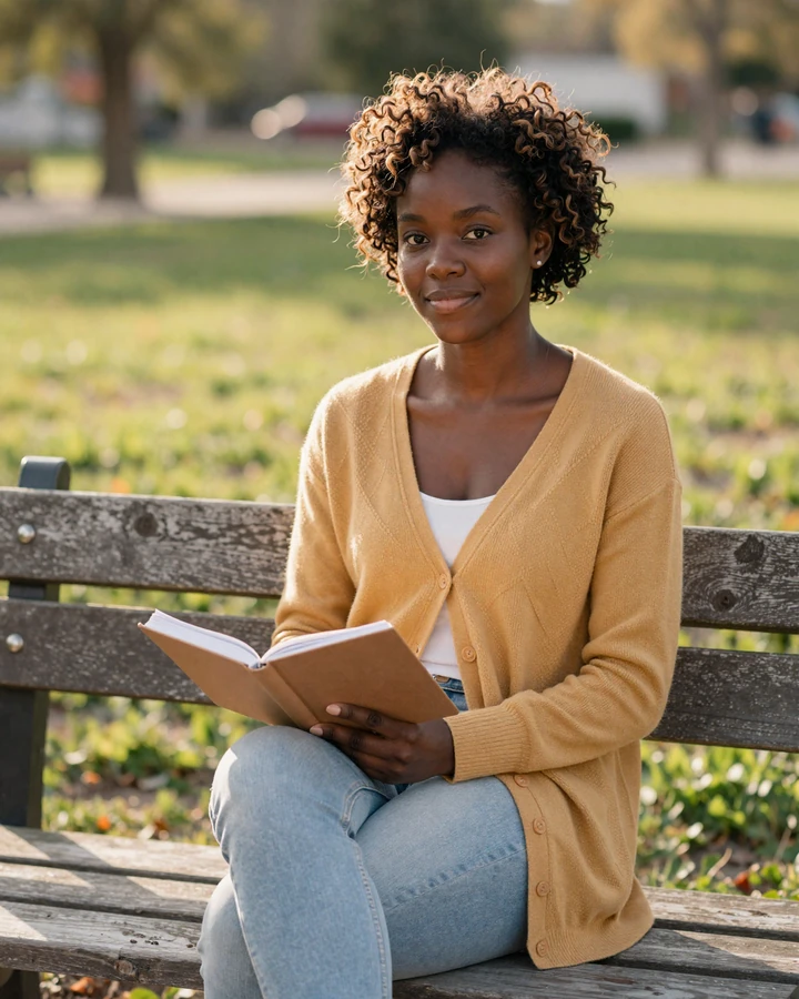Maya, an ADHD member of our dating community, sitting on a sunlit park bench with a notebook, relaxed and half-smiling.