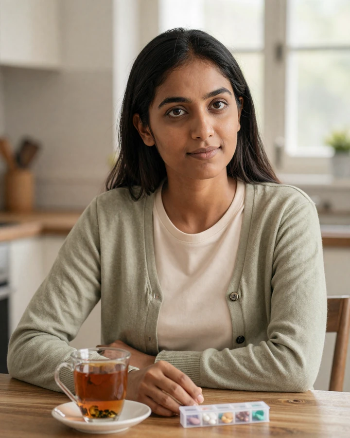 Priya, a member of our epilepsy dating community, at a sunlit kitchen table with morning tea and a discreet pill organizer beside her.