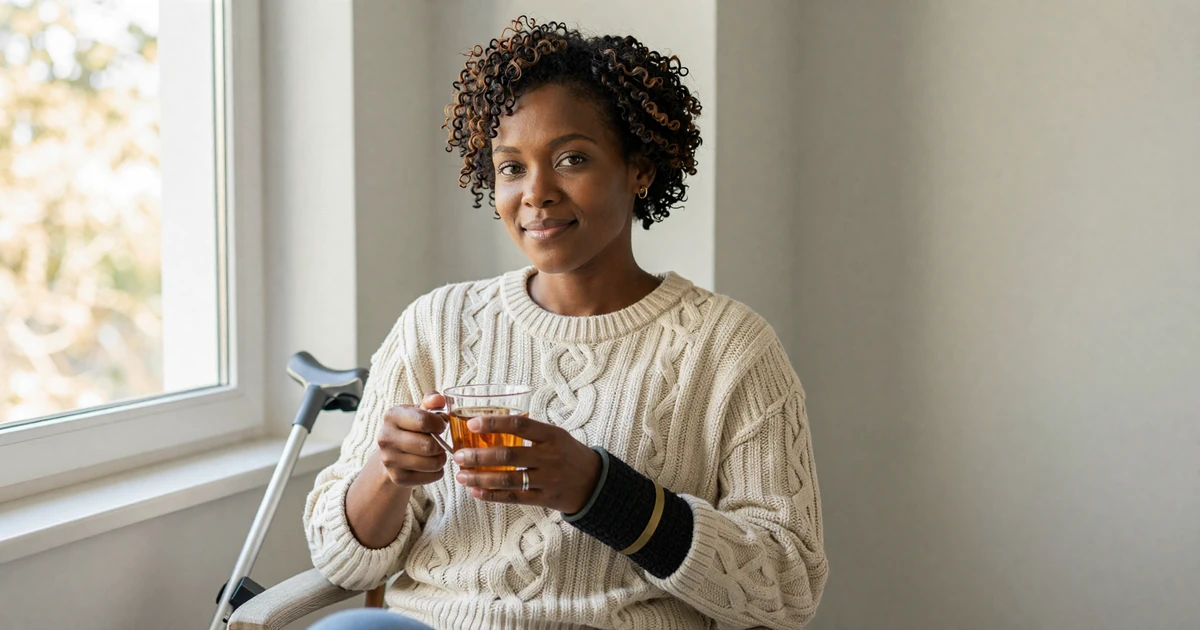 Disabled woman with a forearm crutch sitting by a sunlit window with tea, a quiet moment of self-acceptance
